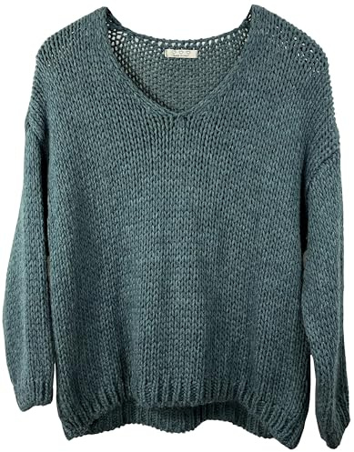 K-Milano Pull en grosse maille pour femme - Pull oversize - Col en V - Laine et alpaga - Mélange - Fabriqué en Italie, pétrole, 40-48