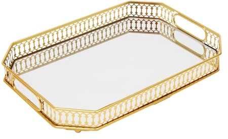Qussse spegelbricka, metall serveringsbricka guld serveringsbricka med spegel glas för mat drycker smycken nyckel, 35 x 25 x 5 cm