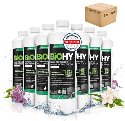 BiOHY Nettoyeur de sol pour robot laveur Station avec parfum de printemps (9 x 1 litre) | Nettoyant concentré pour tous les types de balai et robot aspirateur avec fonction humide | Faible mousse et