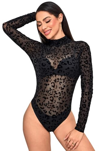 BALAYSIER Body Femme Manches Longues Bodysuit pour Femme Élastique Col Roulé Body String pour Fêtes et Raves(Léopard Noir,M)