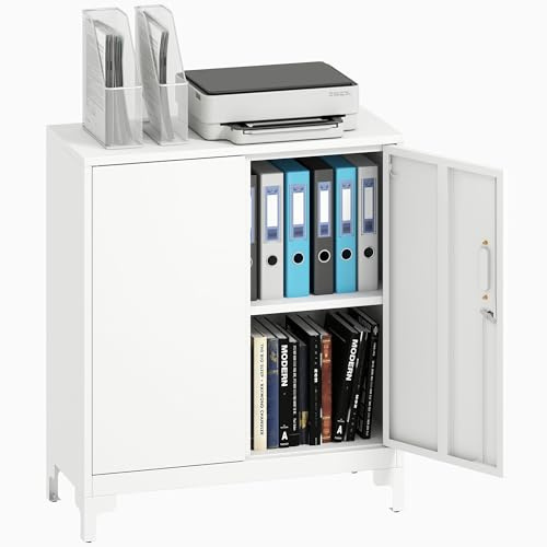 HOMCOM Aktenschrank Büroschrank Abschließbar Mehrzweckschrank mit 2 Ebenen, 2 Türen, Metallschrank Aufbewahrungsschrank Allzweckschrank 80 x 35 x 91 cm Weiß