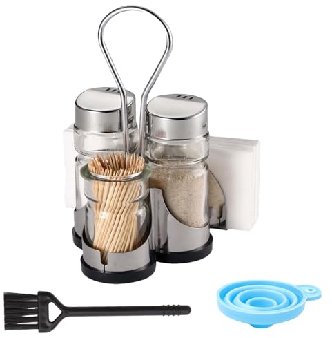 WRENYZK Four-in-One Salt and Pepper Shakers Set with Cleaning Brush Funnel | Cruet Set with Stainless Holder Toothpick Box and Napkin Holder, Salt Pepper Pots for Household, Kitchen, Restaurant