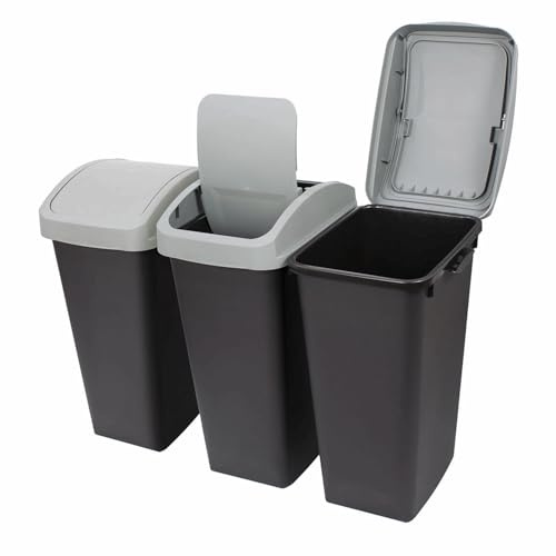 Recycling Bin System, 3-Pack 12 Gallon Containers with Swing Top Lids, Black and White, Odor Protection, Trash Sorting Station with Labels