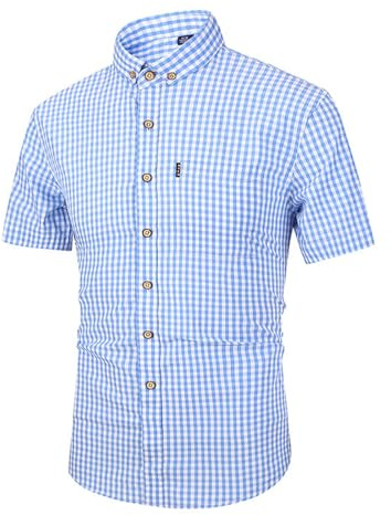 Camisa de manga corta para hombre, camiseta de algodón a cuadros, corte ajustado, cuello alto, camisas, retro, con botones, para negocios, tiempo libre, corte regular, informal, camiseta suave y