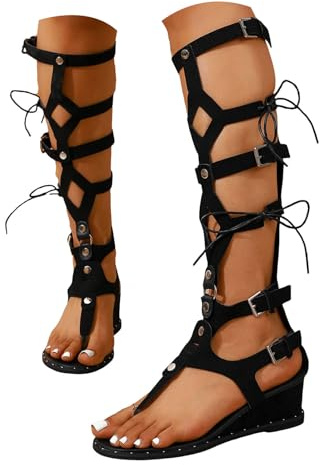 Sandali gladiatore da donna, stile punk-gotico, con zeppa, punta aperta, multi fibbia, con lacci e rivetti, cerniera posteriore, in finta pelle scamosciata, estivi, festival, rave, feste, serate fuori