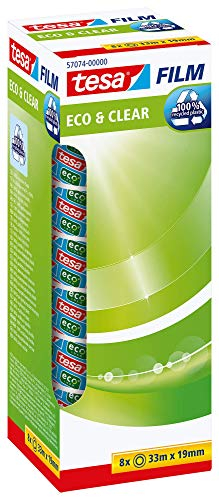 tesafilm eco & clear - Umweltfreundliches Klebeband - Klebestark, lösungsmittelfrei und alterungsbeständig - 33 m x 19 mm - 8er Pack