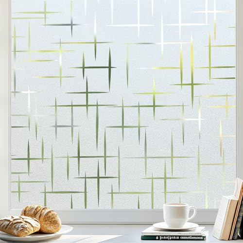 rabbitgoo Window Privacy Film Frosted Glass Window Film, Decorative Privacy Cling, UV Blocking Staic Cling Bathroom Glass Frosting Sticker, Non-Adhesive Front Door Cover, Cross Pattern, 17.5 x 78.7