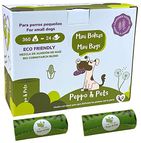 Peppo and Pets- 360 MINI Bolsas caca PERRO TAMAÑO PEQUEÑO -(24 rollos) - Certificadas biobasadas-Mezcla de almidón de maiz- Muy resistentes - Olor a lavanda- Opacas- A prueba de fugas