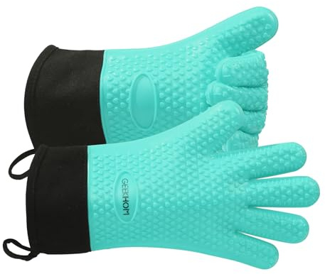 GEEKHOM BBQ Gloves Heat Resistant Oven Mitts - Silicone Grilling Gloves with 13.7 Arm Protection - Waterproof Pot Holder Non-Slip for Men & Women, Kitchen Outdoor Cooking, Baking, Camping, Turquoise