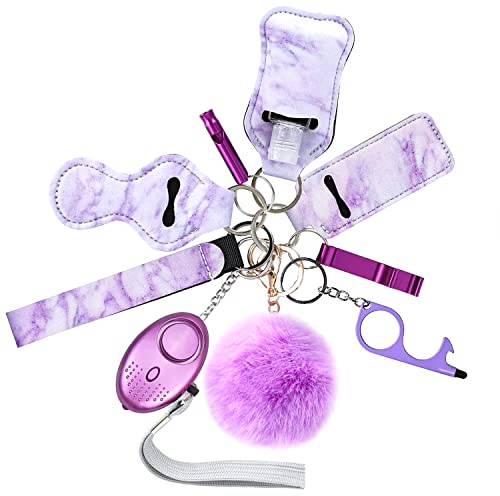 Safe Keychain Set for Girls with Personal Safety Alarm, Hand Sanitizer Holder, Whistle and Pom