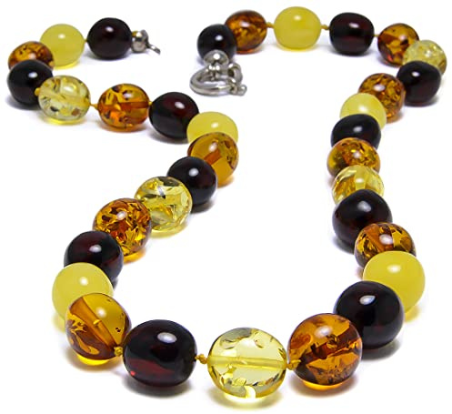 Laboratorio Italiano del Gioiello Collana in vera Ambra Baltica Naturale per Adulti Donna Pietre Tonde Color Cognac Limone Ciliegia e Bianco venduta in Confezione Regalo (70cm 40gr)