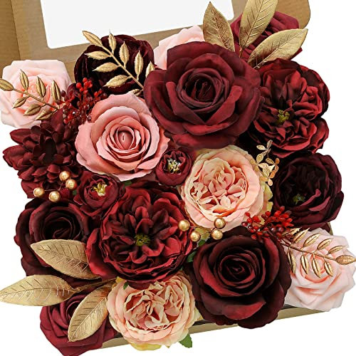 Serwalin Artificial Flowers Burgundy Pink Fake Flowers for Bridal Bouquets Wedding Decorations Cake Flowers for Home Party Table Centerpieces Arrangements Decor Indoor Outdoor,Valentines