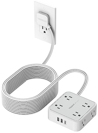 Flat Plug Long Extension Cord 25 Ft, TESSAN Power Strip Surge Protector with 8 Outlets 3 USB Ports (1 USB C), 900J Protection Desktop Charging Station for Home, Office, Dorm Room Essentials