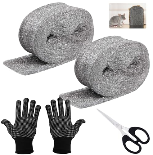 YiJiuBa Stahlwolle Gegen Mäuse Set, 2 Stück Stahlwolle mit 1 Schere und 1 Handschuhe, 3.5M Stahlwolle Gegen Nagetiere Löcher Wand Risse Nagerstop Mäuseabwehr für Haus, Garage und Garten