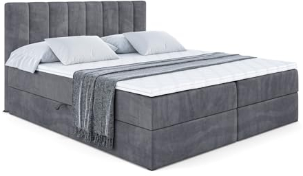 ALTDECOR Boxspringbett mit Matratze und Lattenrost, Boxbett, Topper, Polsterbett mit Bettkasten, Bett mit Stauraum H4-Matratze, Doppelbett, Springboxbett OTTA - 180x200 - Dunkelgrau Samt