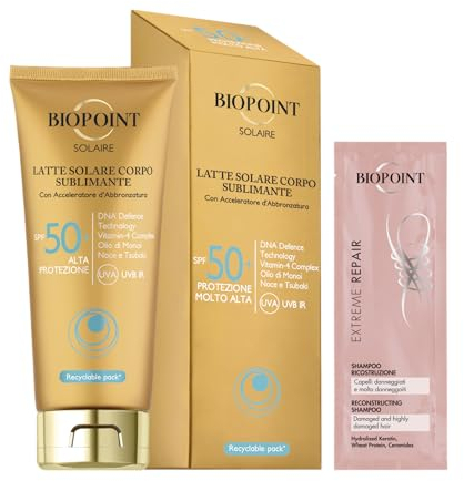 Biopoint Solaire - Latte Solare Corpo Sublimante con Acceleratore di Abbronzatura, Dona una Pelle Dorata e Luminosa, 200 ml con Campioncino Shampoo Extreme Repair 10 ml