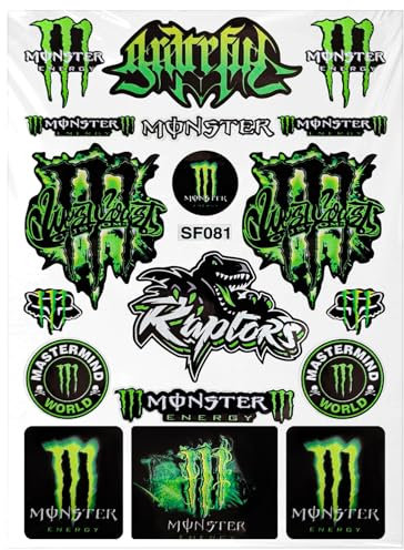 Cretassion Reflektierend Monster Energy Aufkleber, Wasserdicht Aufkleber Motorrad Coole, Hochwertige Sticker für MotorräDer, Motorradhelm, Skateboard, Auto Und GeläNdemotorräDer Grün