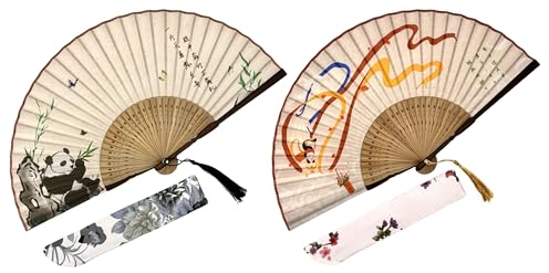 Eastern Wind 2 Stück Fächer Handfächer mit Geschenktasche, Bambus Fächer mit Motiven der fliegenden Göttin und des Panda.