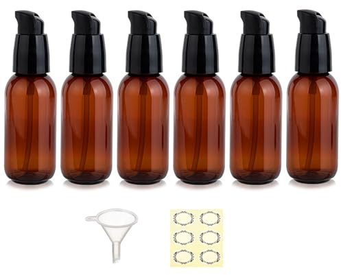 Apstaqeoo 6Pcs 50Ml Empty Lotion Pump Bottle Dispenser for Toiletries TSA Approved Pump Dispenser Leak-proof Plastic Travel Bottles Container with Label & Funnel for Cleaning Shampoo Cosmetic (Brown)
