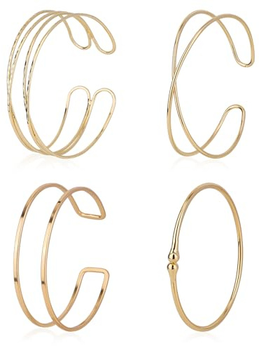 Mikovivi 4pcs Gold Arm Cuffs, Minimalist Upper Arm Bracelet Band Bangle Armlet Adjustable Coil Armband Sets Stackable Geometric Jewelry Accessories for Women Men