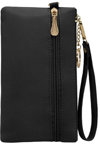 LJCZKA Leather Wristlet Wallet for Women Men Clutch Handbags Purses Large Capacity Cellphone Credit Card Holder Pocket Bag with Wrist Strap, Keychain (Black)