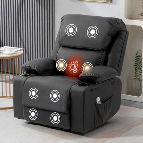 BRTHORY Fauteuil de Relaxation Chaise massant avec Dossier Inclinable Manuellement 150° Incluse Massage en 8 Points et Fonction Chauffante,Pivotement à 360