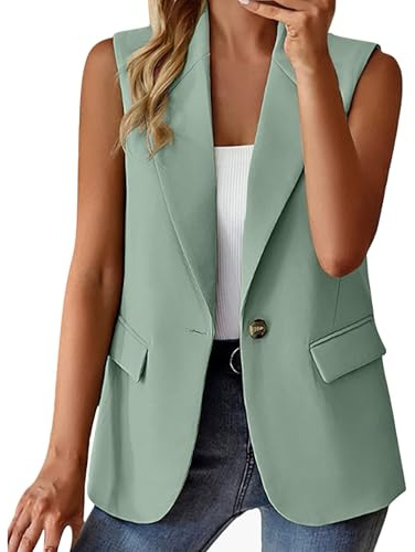 Gilet blazer habillé à un bouton pour femme - Style décontracté - Pour le bureau - Sans manches, Vert, S