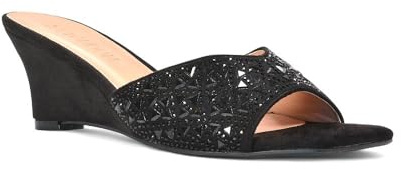 ESSEX GLAM Women's Wedge Heel Sandals Ladies Black Jewel Diamante Square Peep Toe Party Heeled Mule Shoes Size 5