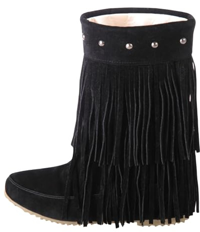 UK 4.5 Fringe Ankle Cowboy Aboots for Women Flat Short Cowgirl Booties Western Fringed Tassel Ankle Boots Rivet Suede Flats Pull on Dress Booties Fall Winter Shoes Black Footwear