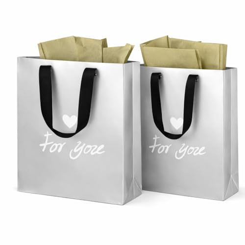 Geschenktüten Silber 21×10×25 cm – Stabile Geschenktüte aus Silberkarton mit Henkel, Papier Geschenktaschen für Geburtstag, Hochzeit, Weihnachten, Babyparty, Festival, 2 Stück，4 Blatt Geschenkpapier