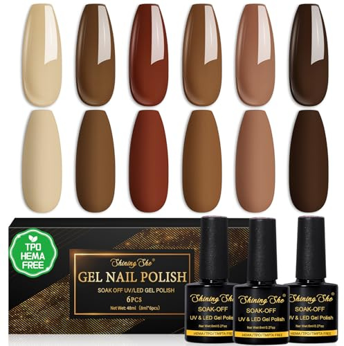 Shining She Esmaltes Semipermanentes sin TPO sin HEMA de Uñas en Gel UV LED, 6 Colores Serie Marrón Caramelo Marrón Rojizo Pintauñas Semipermanentes para Novato Otoño e invierno Art DIY, 8ML