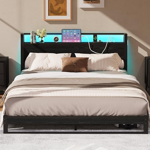 MUZERUL Letto 120 x 200 cm, con testiera ergonomica con vano portaoggetti, letto basso in metallo, telaio con stazione di ricarica e illuminazione LED, letto per ragazzi 120 x 200 cm, per camera da