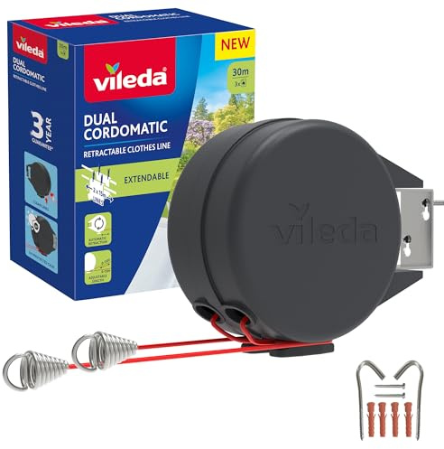Vileda Cuerda de tendedero retráctil Dual Cordomatic de 30 m, 2 Cuerdas de 15 m con Capacidad para hasta 30 kg, tendedero Extensible, retracción automática, Resistente y Duradero, montado en la Pared