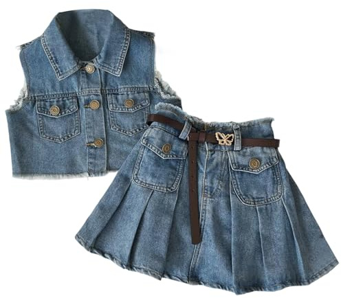 Completo estivo in denim per bambine, elegante cardigan senza maniche con frange e gonna a pieghe, adatto per bambine dai 2 agli 8 anni.
