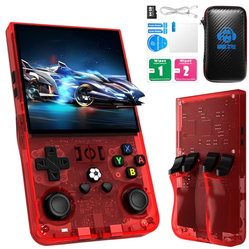 R36MAX - Consola de juegos portátil (64 GB, tarjeta TF de 64 GB, más de 18.000 juegos, 4.0 pulgadas IPS HD, batería de 4000 mAh, rojo 64 GB)