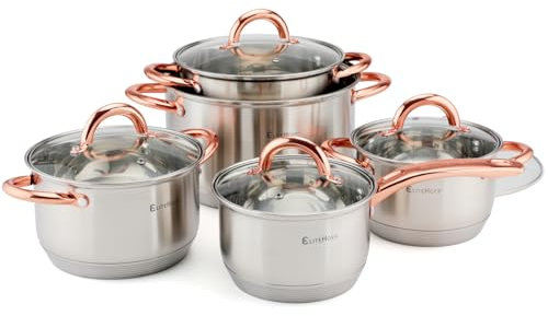 EliteHoff Ensemble de casseroles à induction, 7 couches en acier inoxydable, set de casseroles avec couvercles, poignées en or rose, pour tous les types de cuisinières (10 pièces)