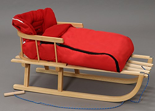 Holzschlitten Kinderschlitten Rodelschlitten Schlitten Klassischer aus Buchenholz mit Rückenlehne mit Winterfußsack aus Holz 90cm | 10 Farben (Rot)