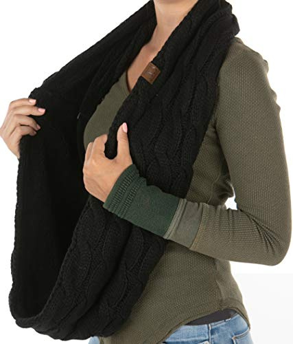 Funky Junque Infinity Scarf for Women – Oversized Chunky Cable Knit Warm Winter Women's Infinity Neck Scarves Circle Wrap - Sherpa Lined - Black