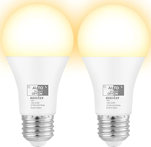 Qualilux Dusk to Dawn Light Bulbs 850LM, 60W Equivalent, Soft White, LED 9.5W, A19, E26 Base, 2-Pack, HQ-H015