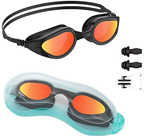 Tuocal Gafas de natación, antivaho, protección UV, resistentes al agua, con puente nasal de silicona suave, para adultos, mujeres, hombres, hombres, jóvenes, color negro y rojo