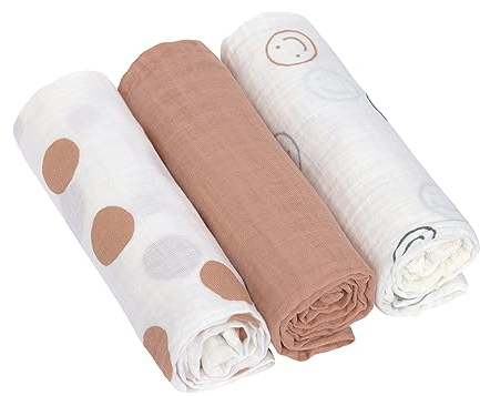LÄSSIG Baby Puckdecke Spuckdecke Pucktuch Mulltuch 3er Set Baumwolle 85 x 85 cm/Swaddle & Burp Blanket L Tiny Smile maple