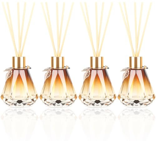 4pcs Reed Diffuser Empty Bottles With 20pcs Sticks, Delicate Gold Leaf Decor, Glass Fragrance Set With Lids for Home, Bathroom | Refillable, Diamond Style Gold