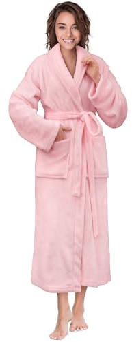 PAVILIA Pink Women Robe Fleece Plush Soft, Fluffy Fuzzy Cozy Warm Lightweight Bathrobe, Shower Spa House Long Robe for Women, L/XL