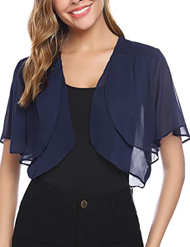 Aottori Damen Chiffon Bolero Festlich ärmellos Elegant Shrug Top Kurze Strickjacke Cardigan Open Front Bolerojacke Schulterjacke Navy Blue M