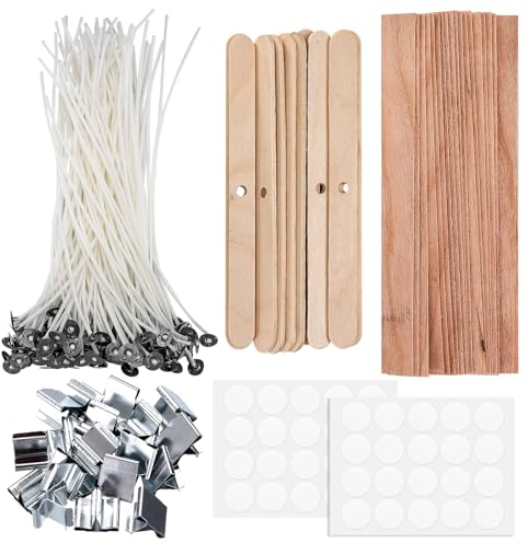 Kerzendocht Holzdochte für Kerzen, 100 Kerzendochte für Kerzen 20cm, mit 20 Kerzendocht Halter Kerzensand mit Docht, Holz Kerzen Dochte für Kerzenherstellung DIY Handwerk Kerzen Machen Holzdocht