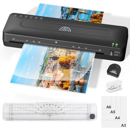 Apritsce Laminiergerät A3, 6 in 1 Laminiergerät mit Folien für A3/A4/A5/A6, Kalt und Heiß Laminator mit Papierschneider, Eckabrunder und Lochstanzer, Foliergerät für Zuhause, Schule, Büro