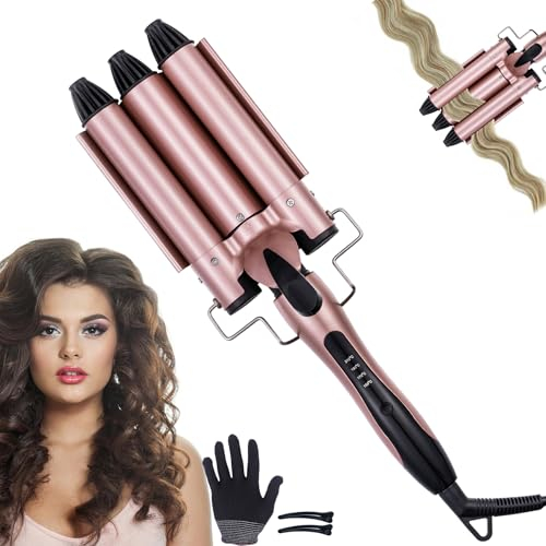 Aischens Ferro Arricciacapelli 3 Tubi, Ferro Ondulato per Grandi Onde Capelli 25 mm, 3 Fusti, Temperatura Regolabile 150 ℃-210 ℃, Piastra Ricci Ferro Arriccia Capelli Professionale, con Guanti e Clip