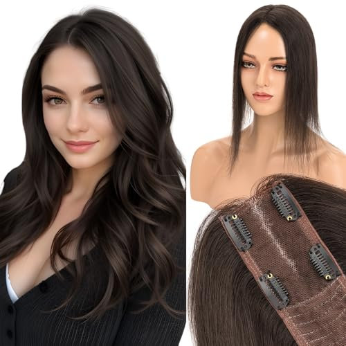 Elailite Hair Topper Donna Clip in Silk Lace Capelli Veri Toupee (Silk Base 6cm*15cm) Toupet Protesi Extension 25cm 36g #1B Nero Naturale