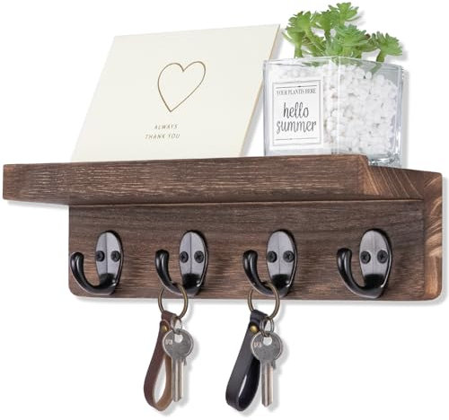 Nekon Key Holder for Wall Organization, Wooden Mail and Key Organizer for Entryway Hallway Kitchen Farmhouse, Key Holder Wall Mounted (Brown, 9.8 Inch)