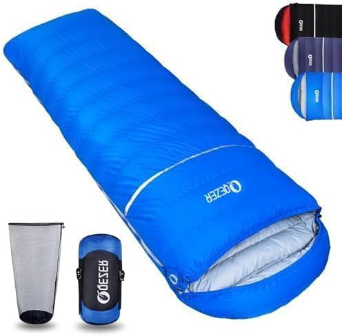 QEZER Sac de Couchage d'hiver et d'extérieur jusqu'à -18 °C - Léger et Chaud - avec Duvet de qualité supérieure 600 FP - pour Camping, randonnée et Trekking (Bleu Saphir - 8 °C)